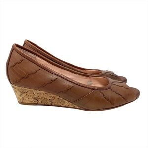 Taryn Rose Sadey Leather Peep Toe Cork Wedges 6.5M